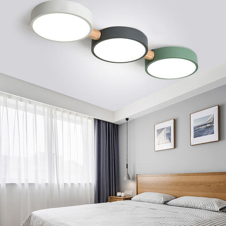 Plafonnier LED moderne scandinave macaron fer géométrique rond abat-jour en bois pour chambre à coucher 