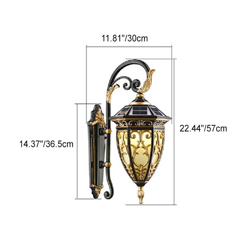 European Retro Solar Carved Lantern Aluminum Glass LED Outdoor Waterproof Wall Sconce Lamp