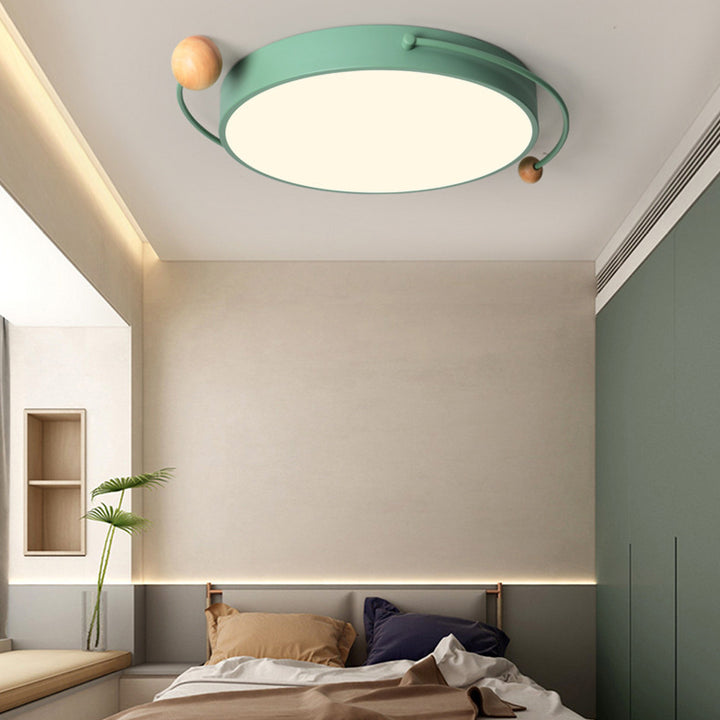Plafonnier LED contemporain scandinave rond en orbe avec tube incurvé en fer, acrylique et bois pour chambre à coucher 