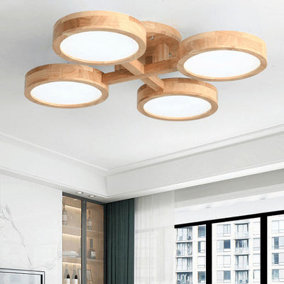 Contemporary Scandinavian Round Rubberwood LED Flush Mount Ceiling Light For Living Room