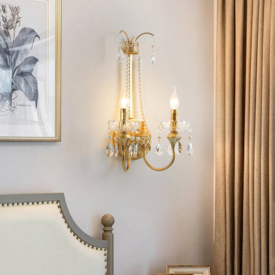 Zeitgenössische Luxus Eisen Kristall Perle Teardrop Anhänger Kerzenhalter 2-Licht Wandleuchte Lampe für Wohnzimmer 