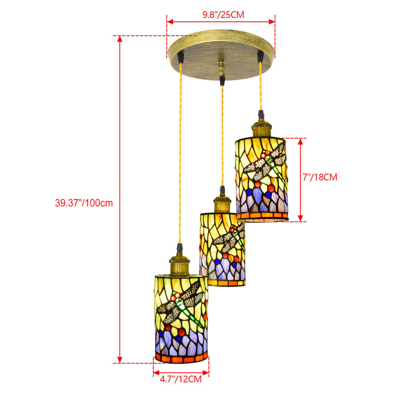 Traditional Tiffany Cylinder Iron Stained Glass 3-Light Chandelier For Living Room