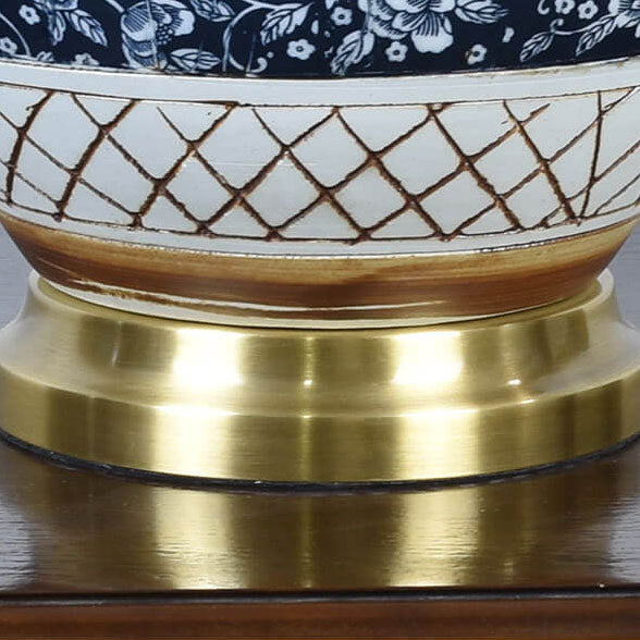 Traditional Chinese Round Ceramic Hardware Fabric Print Pleated Lampshade 1-Light Table Lamp For Bedroom
