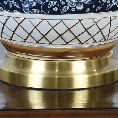 Vintage Chinese Round Ceramic Print Pleated Lampshade 1-Light Table Lamp