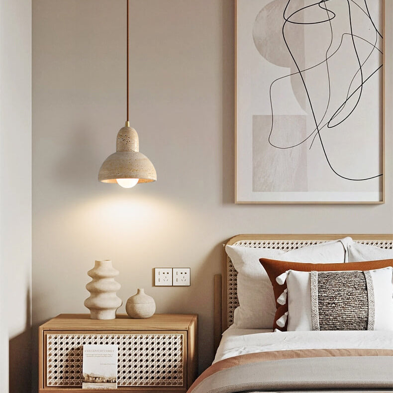 Traditional Japanese Yellow Travertine Semicircle 1-Light Pendant Light For Bedroom