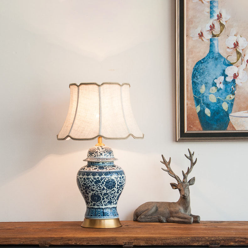 Traditionelle chinesische Vase Basis Keramik Stoff 1-Licht Tischlampe für Schlafzimmer 