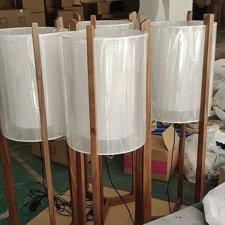 Traditional Japanese Solid Wood Brass Fabric Column 1-Light Standing Floor Lamp For Living Room And Bedroom