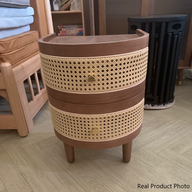 Table de chevet à 2 tiroirs en bois massif courbé vintage traditionnel, panneau multicouche en bois massif, tressage plastique, pour chambre à coucher 