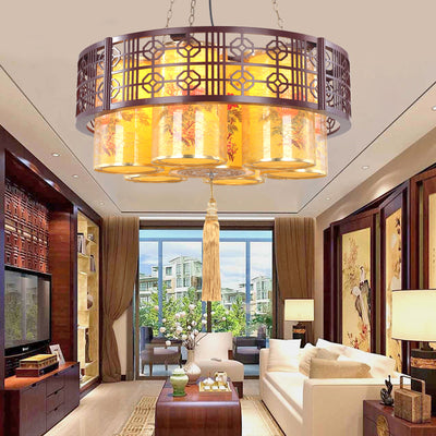 Traditioneller chinesischer Eisen-Holz-PVC-Rundzylinder bedruckter 7/9/11-Licht-Kronleuchter für Esszimmer 