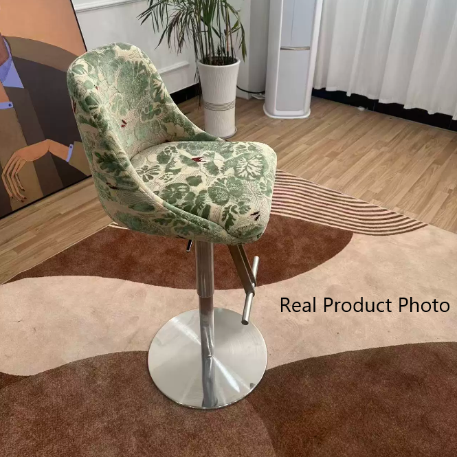 Traditional French Velvet Stainless Steel Round Curved Adjustable Bar Stool With Backrest For Living Room