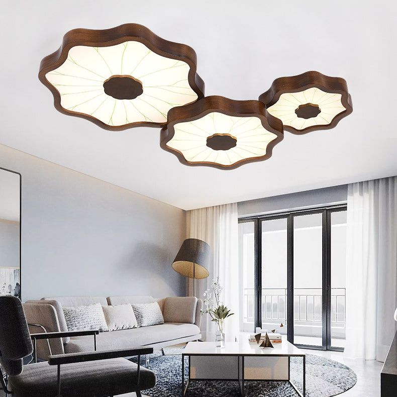 Traditionelle chinesische Lotusblatt-Deckenleuchte aus Holz, Eisen, Acryl, LED-Unterputz-Deckenleuchte für Wohnzimmer 