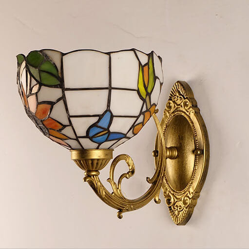 Europäische Vintage Tiffany Glas Metall 1-Licht Wandleuchte 