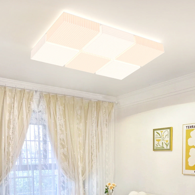 モダンシンプリシティ リブ付き PE キューブシェード LED フラッシュマウント天井灯 リビングルーム用 