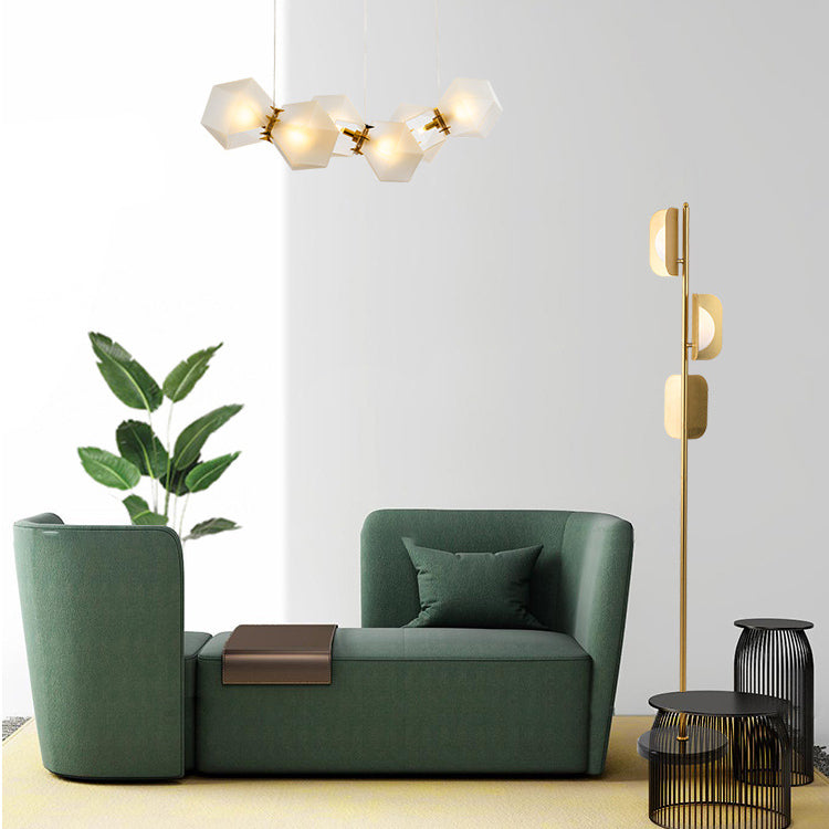 Zeitgenössische, schlichte, klappbare, quadratische Stehlampe mit 3 Lichtern und Metall-Marmorsockel für das Home Office 