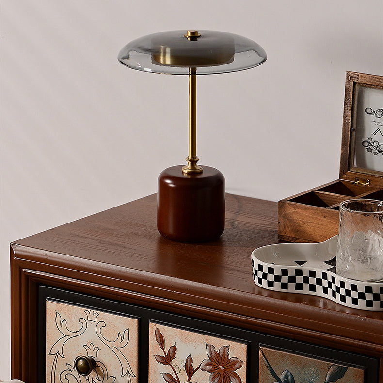 Lámpara de Mesa LED Cilíndrica Redonda de Latón Retro Contemporáneo con Madera y Vidrio para la Mesita de Noche 