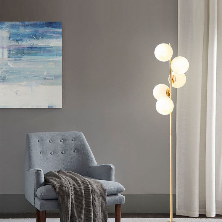 Modern Minimalist Glass Round Ball Gold Long Pole 5-Light Standing Floor Lamp for Living Room