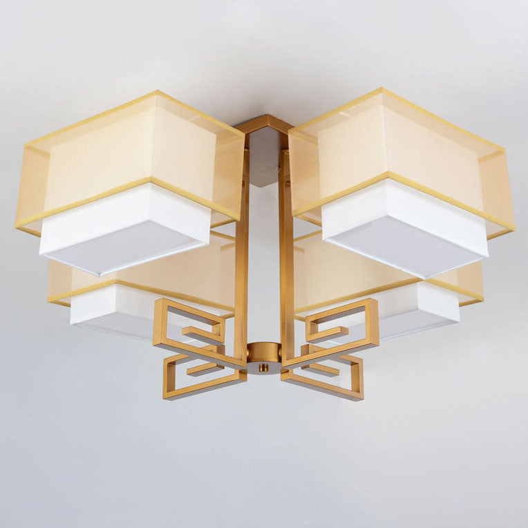 Modern Chinese Fabric Square Geometric Hardware 4-Light Semi-Flush Mount Ceiling Light