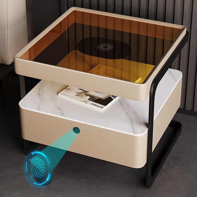 Table de nuit moderne minimaliste rectangulaire en verre renforcé avec dalle de roche et fer, 1 tiroir pour chambre à coucher 