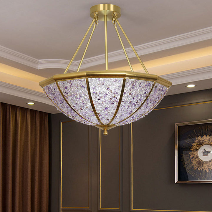 Lujoso Moderno Araña de 5 Luces con Marco de Cobre y Pantalla Redonda de Cristal para Sala de Estar 
