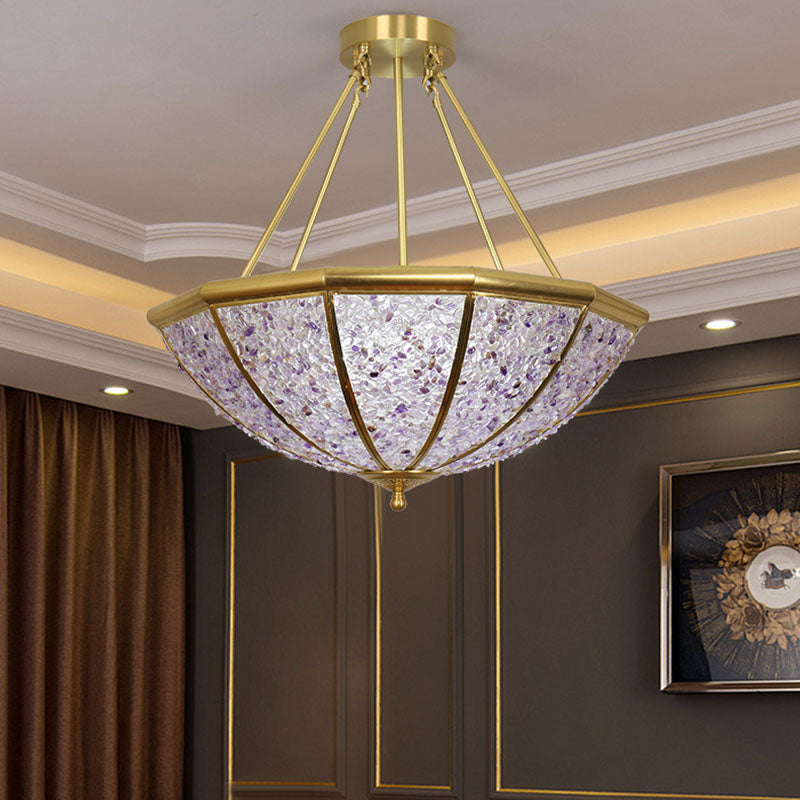 Lustre moderne de luxe avec cadre en cuivre et abat-jour rond en cristal à 5 lumières pour salon 