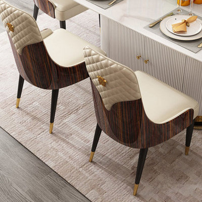 Chaise de salle à manger contemporaine en cuir nordique avec dossier et accoudoirs en bois, acier inoxydable et éponge 