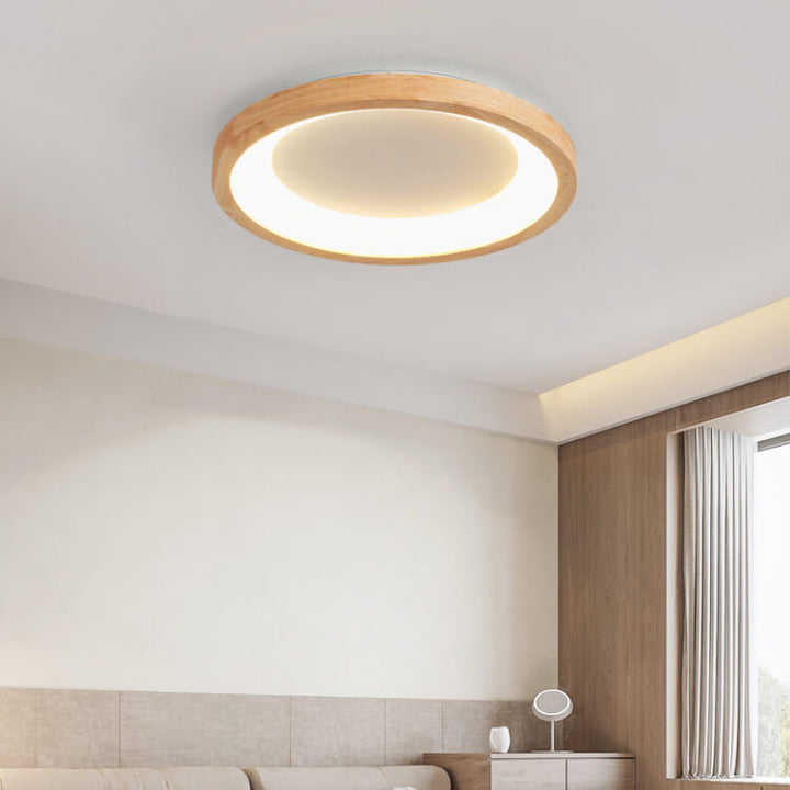 Contemporary Scandinavian Rubberwood Acrylic Log Circle Design LED Flush Mount Ceiling Light For Living Room