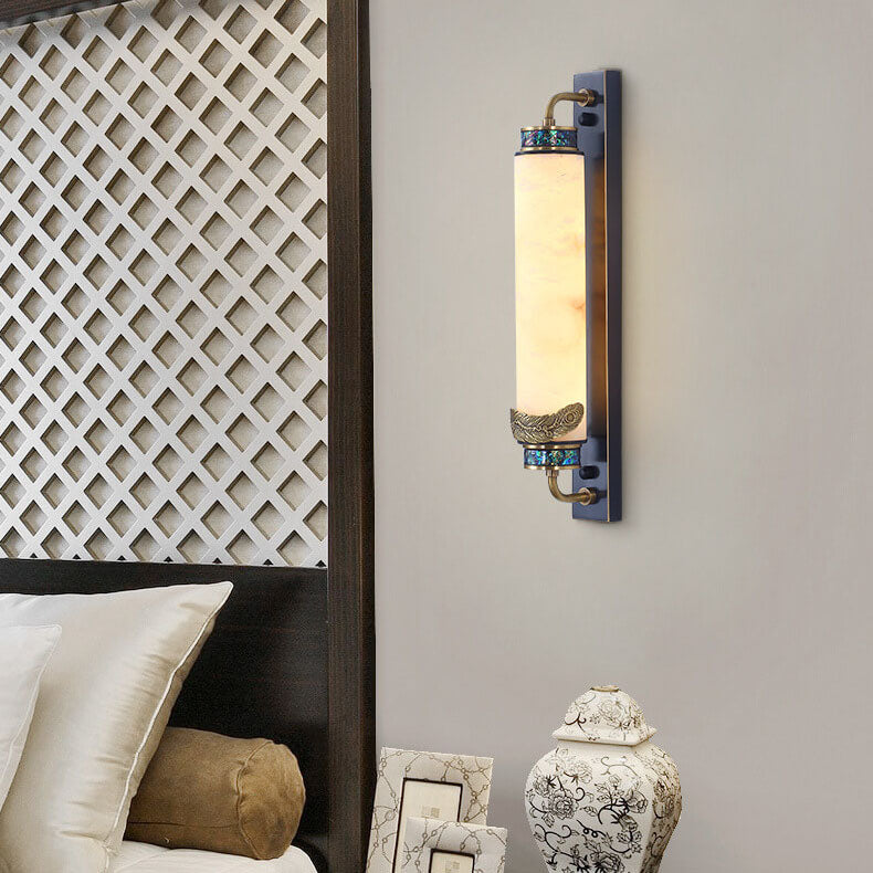 Traditional Chinese Marble Copper Column Brass LED Wall Sconce Lamp for Living Room