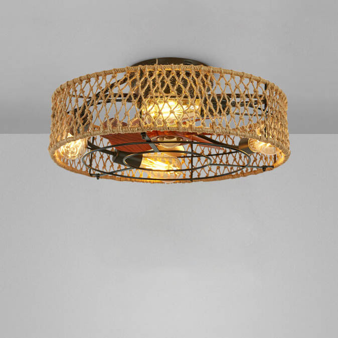 Traditional Rustic Round Drum Iron Hemp Rope 4-Light Semi-Flush Mount Ceiling Fan Light For Bedroom