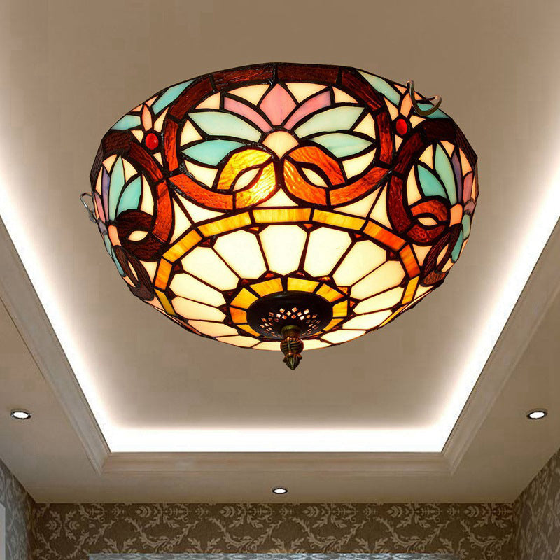 Traditionelle Tiffany Kuppel Eisen Glas 2-Licht Unterputzleuchte für Wohnzimmer 
