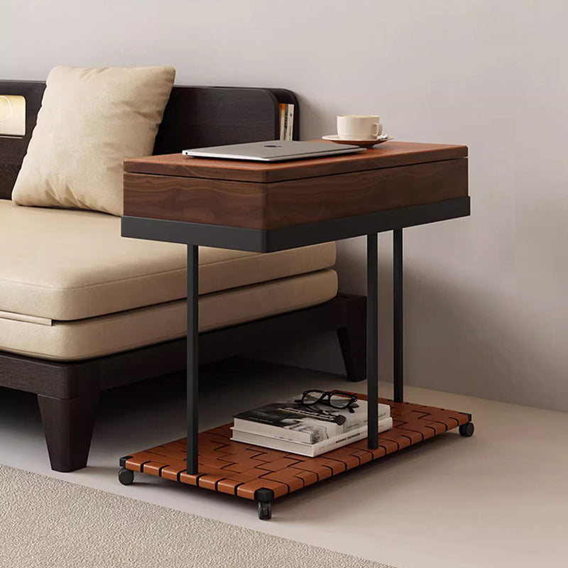 Moderner minimalistischer abnehmbarer rechteckiger Eisensattel Leder Massivholz Beistelltisch mit 1 Ablage für das Wohnzimmer 