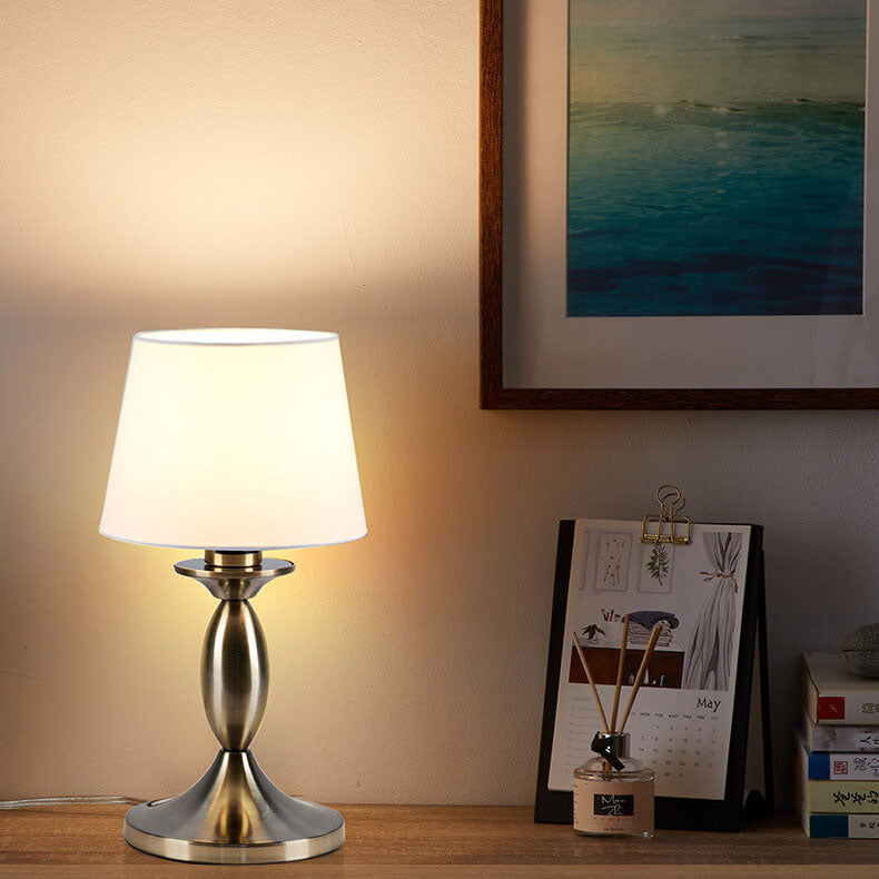 Modern Minimalist White Fabric Chrome Metal 1-Light Table Lamp For Bedroom
