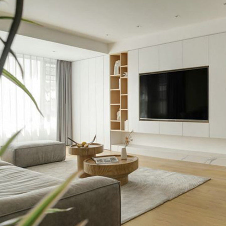 Traditioneller runder Couchtisch aus Kiefernholz im japanischen Stil mit 1 Ablage für das Wohnzimmer 