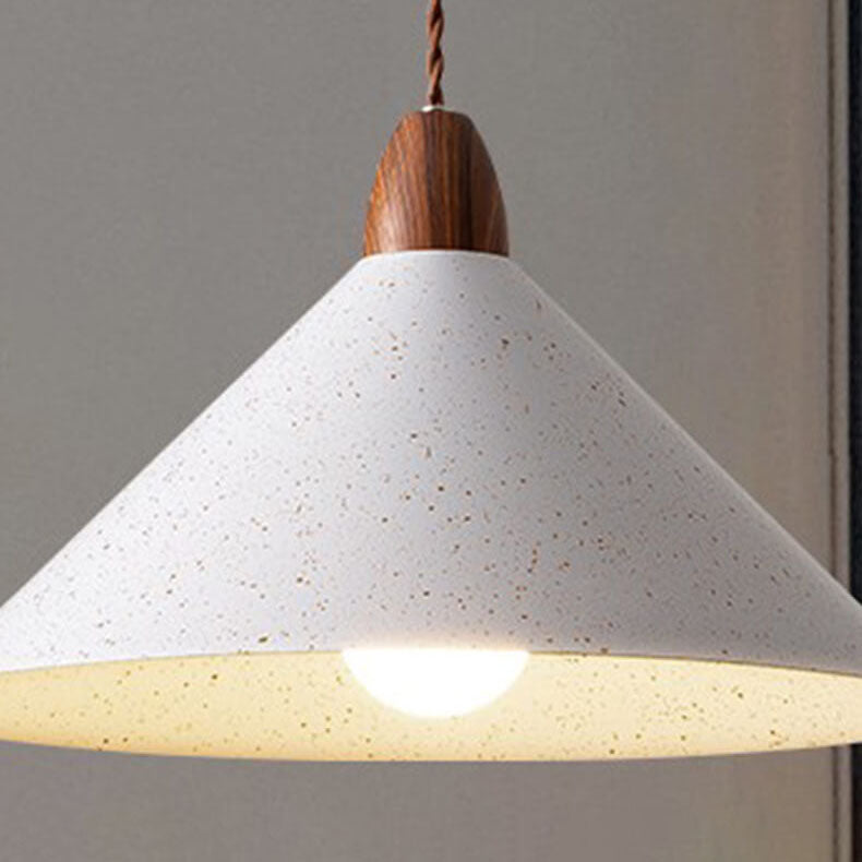 Japanese Minimalist Cone Iron Wood Grain 1-Light Pendant Light