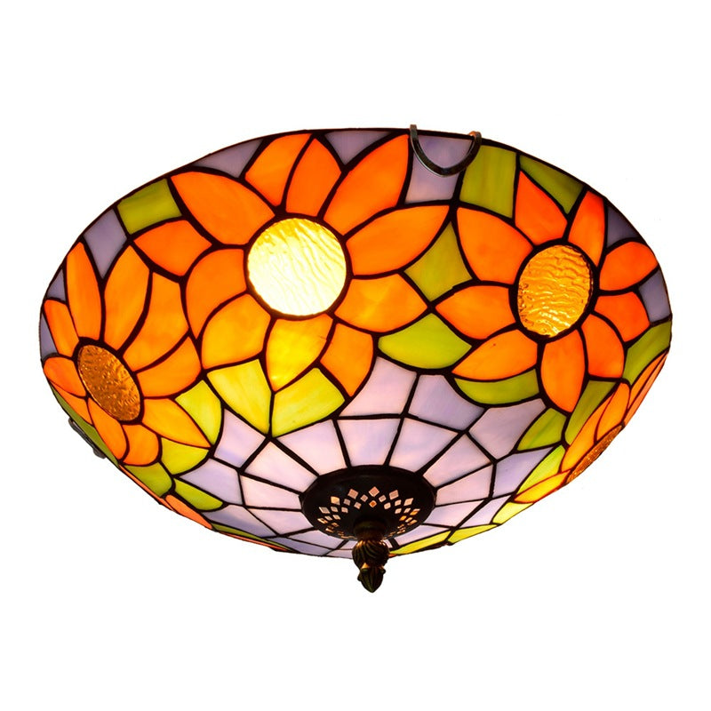 Dôme Tiffany traditionnel Tournesol Verre en fer Plafonnier à 2 lumières pour le salon 