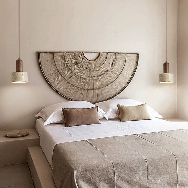 Lustre Suspendu 1 Lumière en Bois Massif Travertin Cylindre Vintage Traditionnel pour Chambre 