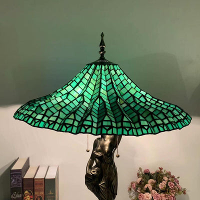 Traditional Tiffany Umbrella Goddess Copper Stained Glass 3-Light Table Lamp For Bedroom