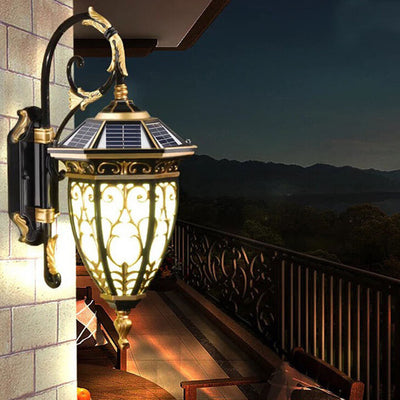 European Retro Solar Carved Lantern Aluminum Glass LED Outdoor Waterproof Wall Sconce Lamp