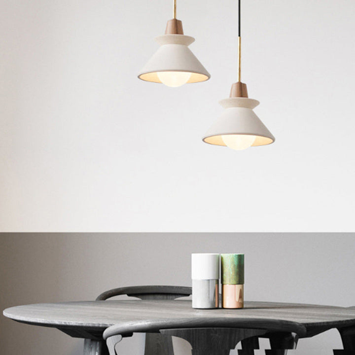 Contemporary Scandinavian Cone Funnel Wood Cement 1-Light Pendant Light For Living Room