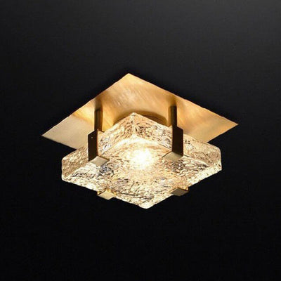 Modern Light Luxury Copper Cube Water Pattern Glass LED Semi-Flush Mount Ceiling Light