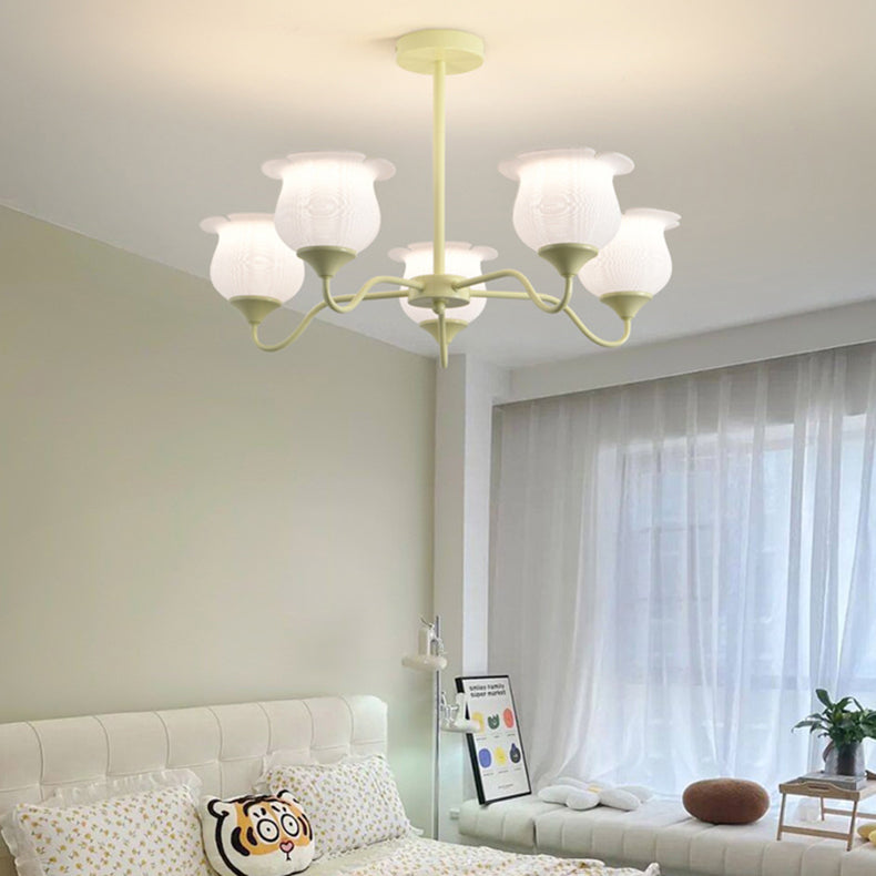Moderner Art-Deco-Kronleuchter mit Eisenrahmen und PLA-Glocken-Orchideen-Blumenschirm, 3/5/6 Lichter, für Wohnzimmer 