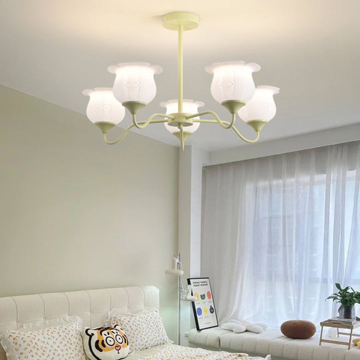 Moderner Art-Deco-Kronleuchter mit Eisenrahmen und PLA-Glocken-Orchideen-Blumenschirm, 3/5/6 Lichter, für Wohnzimmer 