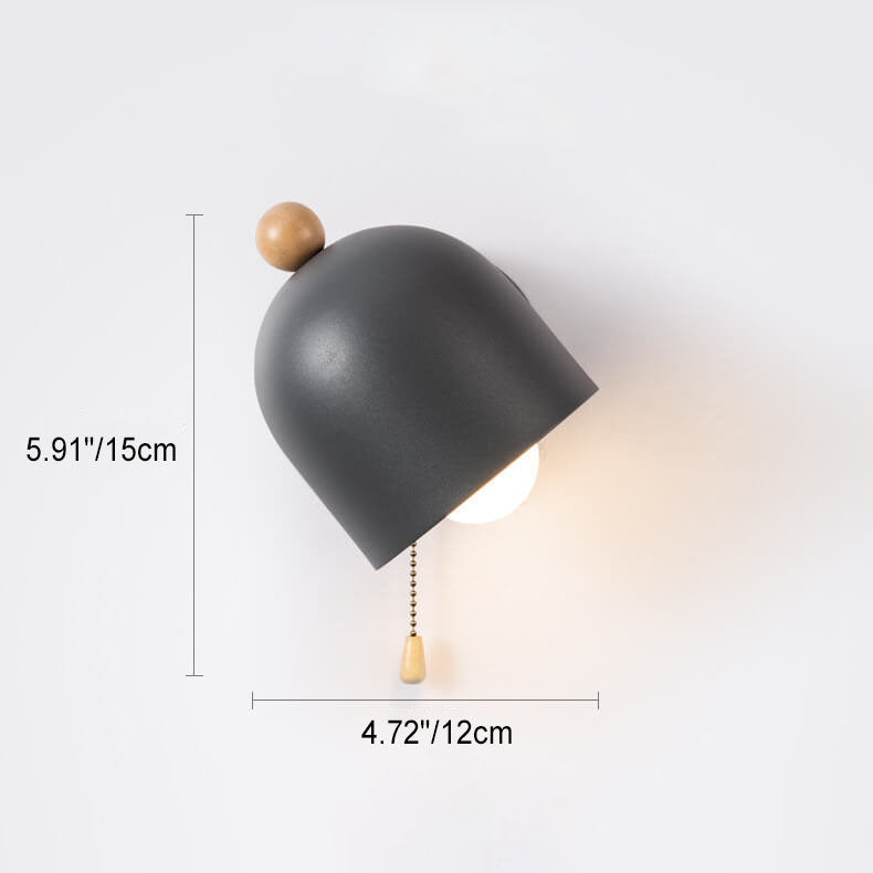 Contemporary Nordic Rubberwood Iron Dome Shade Log Pull Cord 1-Light Wall Sconce Lamp For Bedroom