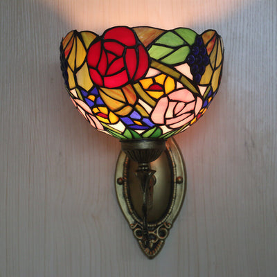 Vintage Tiffany Grape Flower Bowl Stained Glass 1-Light Wall Sconce Lamp