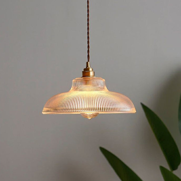 Traditional Japanese Wood Brass Glass Semicircular Loudspeaker 1-Light Pendant Light For Dining Room