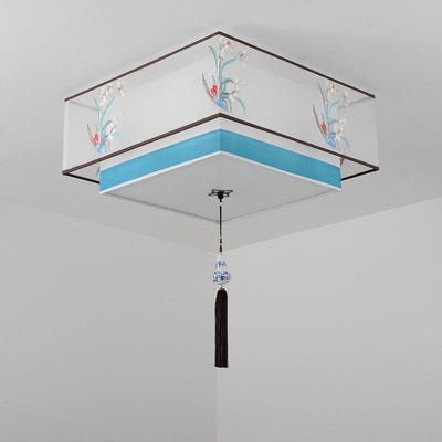 Pantalla de tela bordada de hierro chino tradicional de 4 luces para techo empotrado para dormitorio 