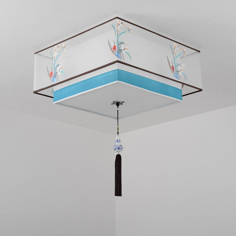 Pantalla de tela bordada de hierro chino tradicional de 4 luces para techo empotrado para dormitorio 
