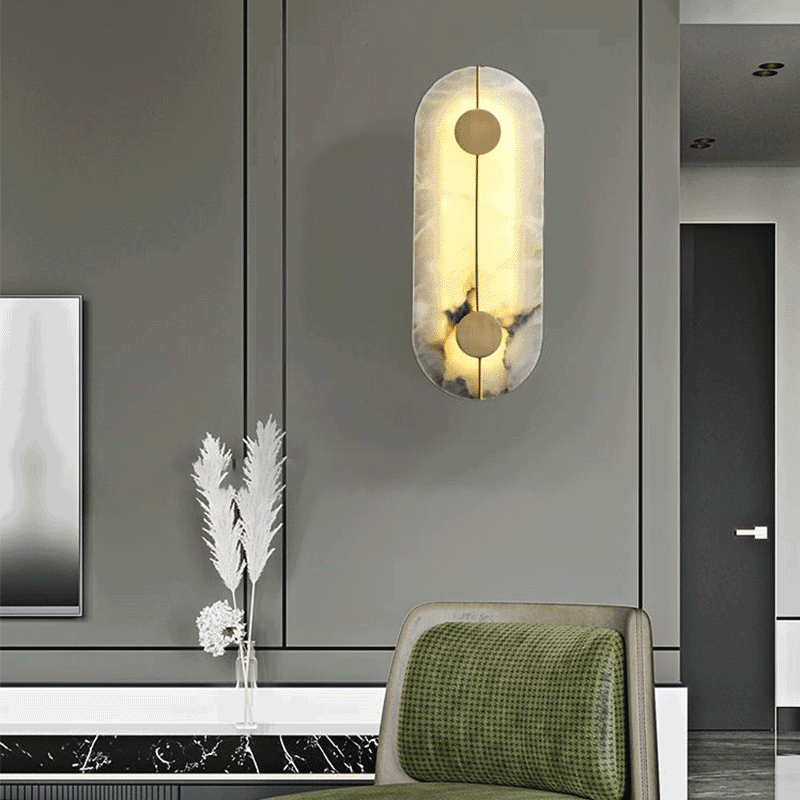 Traditional Chinese Copper Marble Round Elliptical LED Wall Sconce Lamp For Hallway
