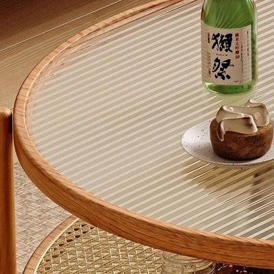 Traditioneller japanischer runder Glastisch aus Rattan und massivem Holz mit 2 Ebenen für das Wohnzimmer 