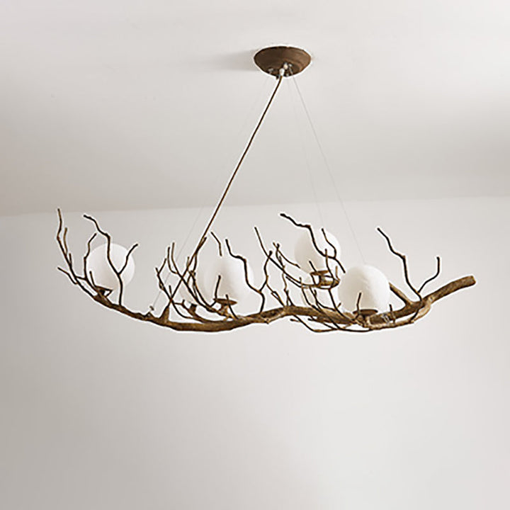 Candelabro contemporáneo de 6 luces de rama de árbol creativo de hierro, resina y vidrio para comedor 