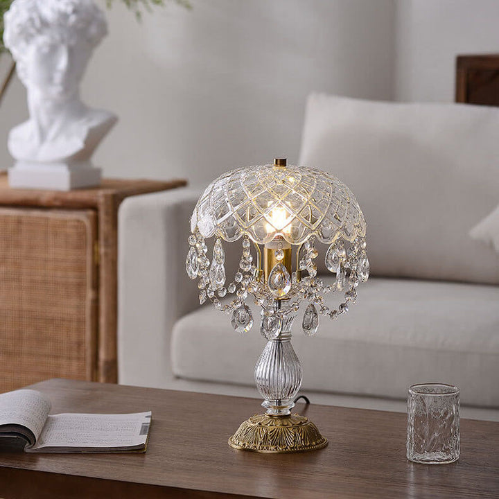 Modern Luxury Clear Glass Crystal Round Tassel Copper 1-Light Table Lamp for Bedroom